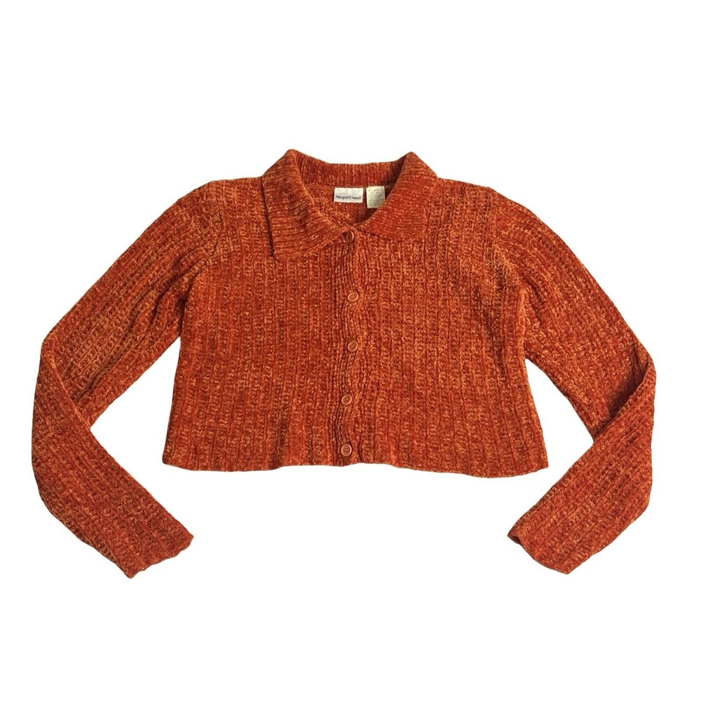 Vintage 90s Y2K‎ Newport News Cardigan Sweater XS Orange Chenille Crop Oversized